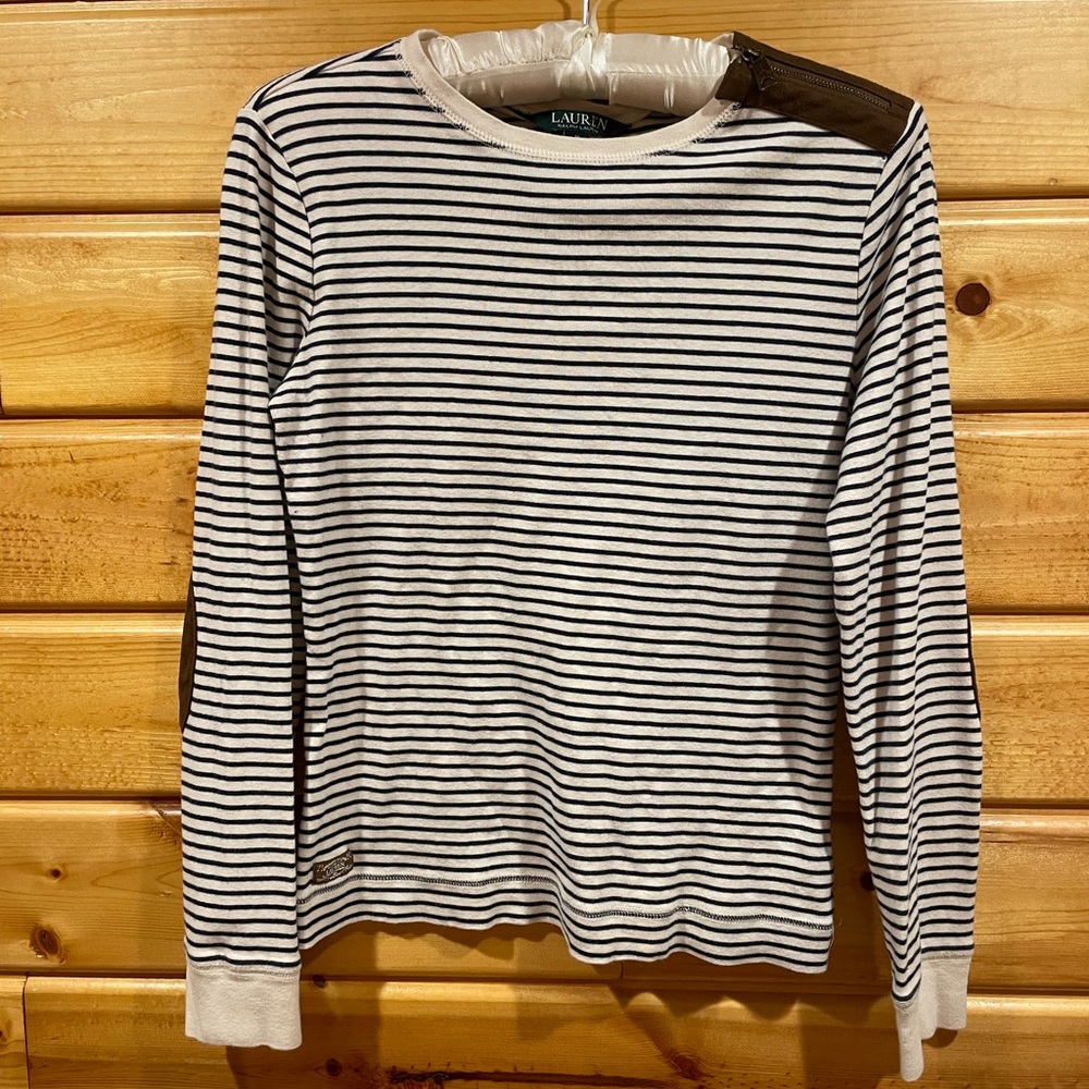 Lauren Ralph Lauren Navy and Cream Striped Top with Suede Elbow Patches Size M